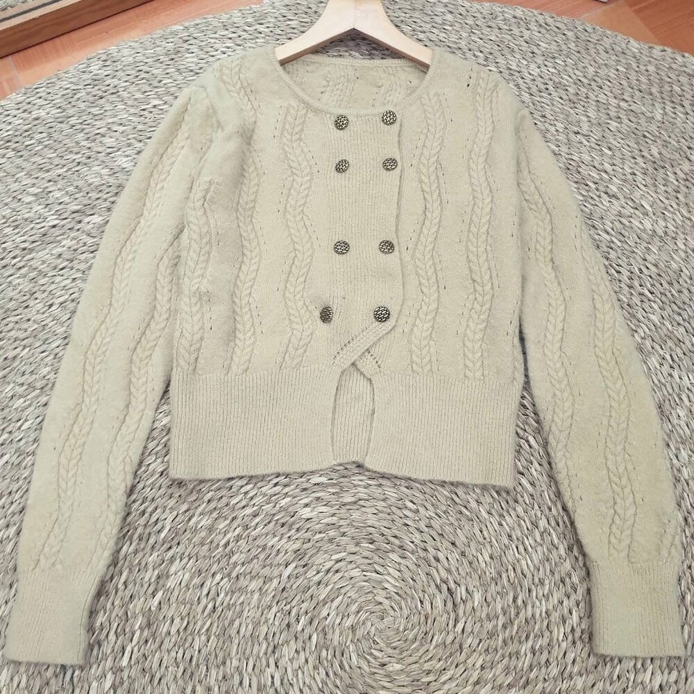 Beige Cable Knit Double Breasted Cardigan Vintage Gold Button